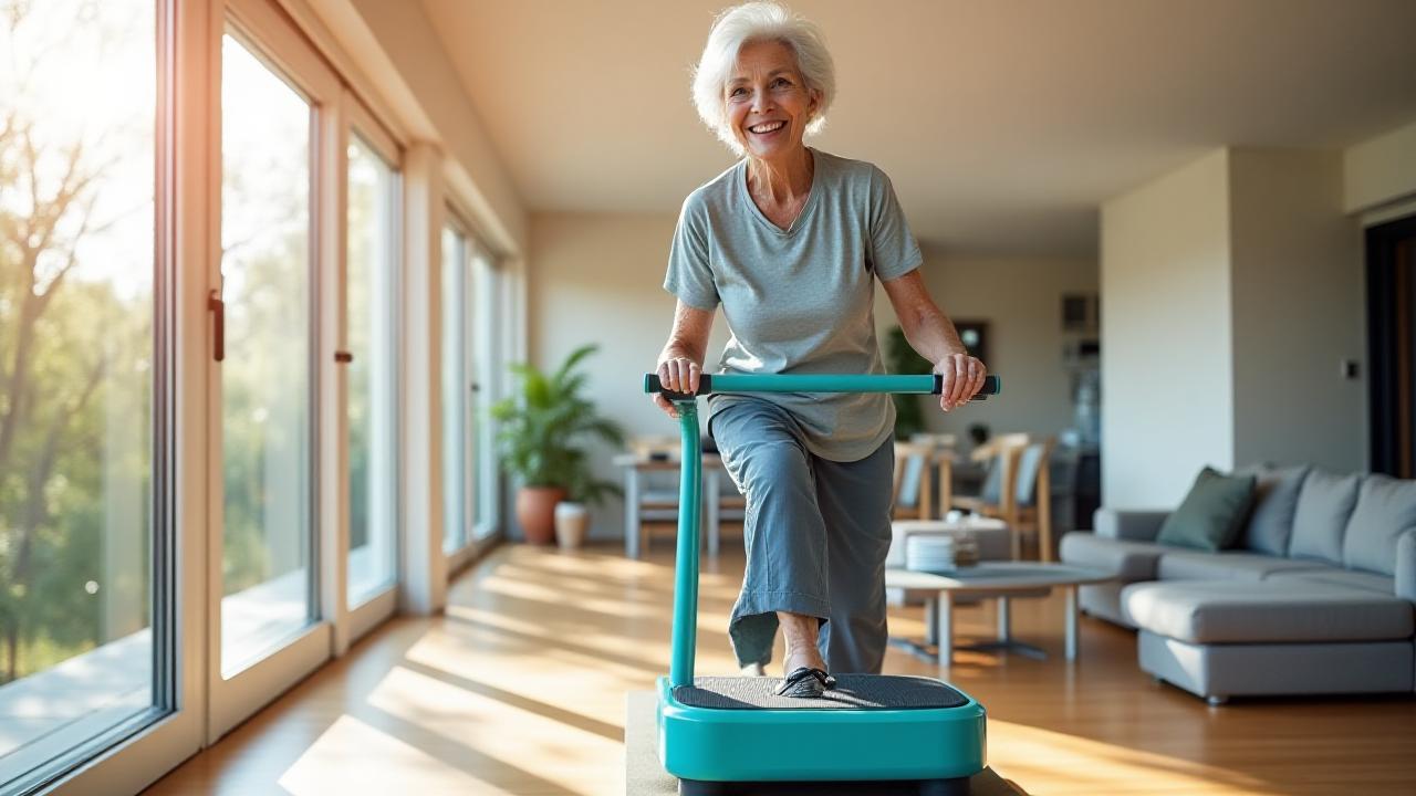 An active senior woman smiling while using a mini-stepper in a sunlit Melbourne apartment